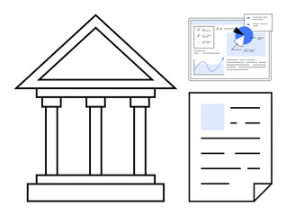 Government building icon with a data dashboard and document. Ideal for governance, finance, legal, policy analysis, research, public administration, institution, simple landing page