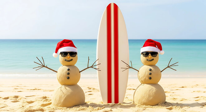 Two sand snowmen stand with a surfboard on a tropical beach