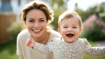 A mother guides her baby girl in taking her first steps under the warm sun.