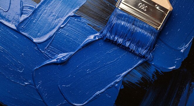 A close-up shot of a paintbrush spreading blue paint on a dark surface, capturing the textures and color contrast.