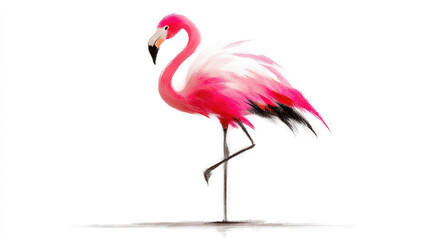   Pink flamingo standing on one leg with legs spread, head turned to side against white background