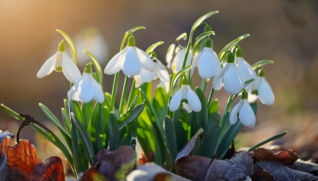 close up of snowdrop flowers galanthus nivalis in the early spring