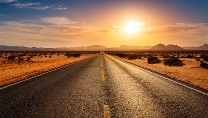 Fototapeta premium endless desert road stretching to the horizon under a vast open sky in golden evening light generative ai
