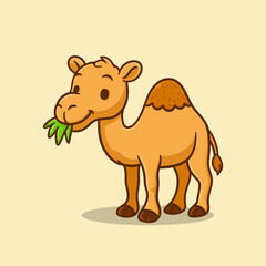 Fototapeta premium illustration of cute cartoon animal camel eating grass