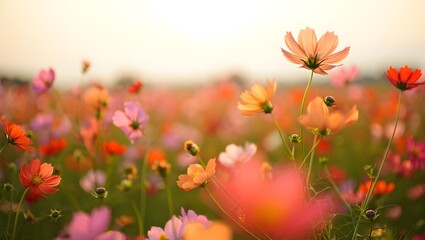 Obraz premium Beautiful cosmos flowers field landscape photography nature background wallpaper image
