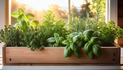 fresh herbs in rustic wooden window box