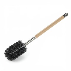 Fototapeta premium Modern toilet brush featuring a black bristle head and natural wood handle, ideal for bathroom cleaning and sanitation tasks.