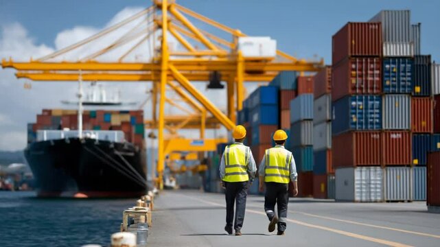 Dockworkers beside towering stacks of shipping containers