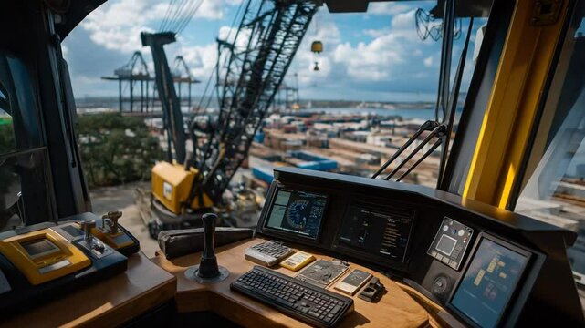 Crane operator's view inside control cabin high above the yard, illustrating industrial operations, heavy machinery, logistics management, workplace safety and precision handling