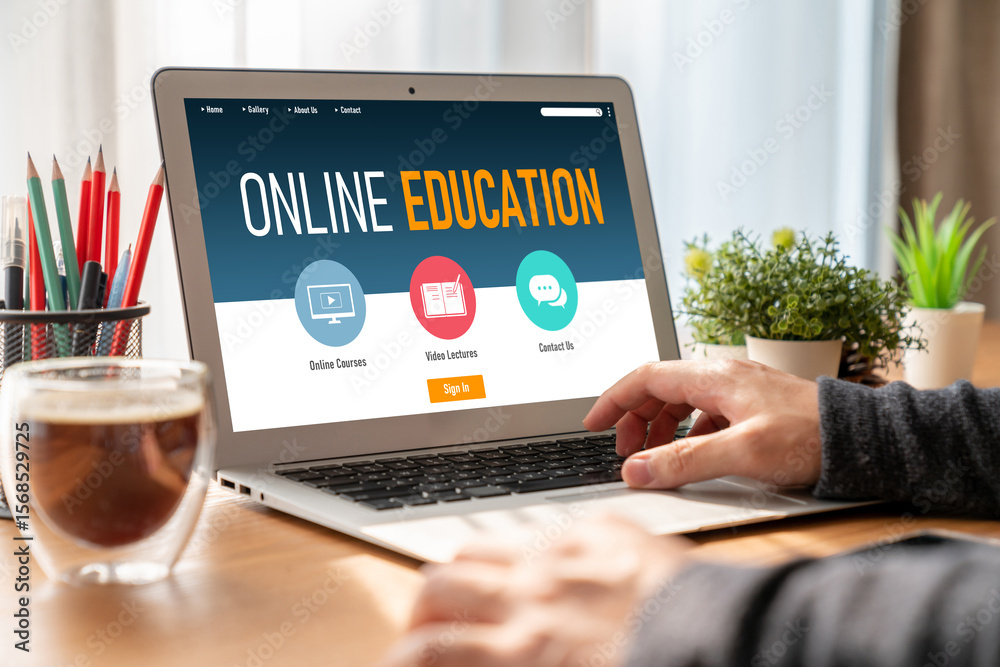 Wall mural e-learning website with modish sofware for student to study online on the internet network