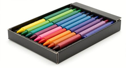 Naklejka premium A collection of colorful wax crayons neatly arranged within a sleek, black rectangular box against a stark white backdrop.