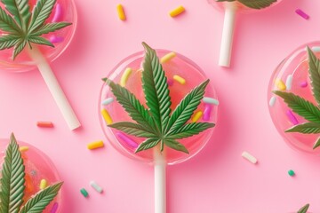 Sweet Cannabis Lollipops with Sprinkles on a Pink Background