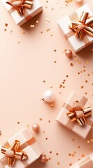 Elegant Gifts and Rose Gold Confetti on a Soft Pink Background