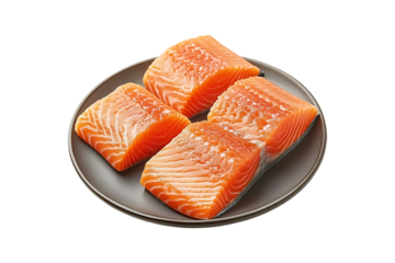 Raw salmon fillets on a plate isolated on a transparent background