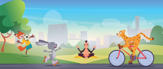 Sport animals. Fitness characters cute animals in action poses doing exercises exact vector template © ONYXprj