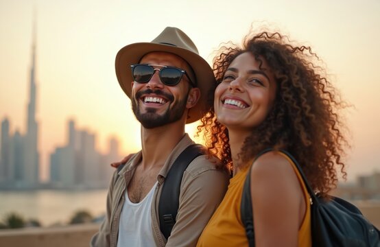 Multiethnic couple smiles brightly, enjoying Dubai cityscape at sunset. Happy travelers embrace, exploring city landmarks. Woman with curly hair, man with hat, sunglasses share romantic vacation