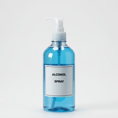Clear plastic bottle with pump dispenser filled with blue alcohol spray, labeled for disinfecting hands, surfaces, and hygienic cleaning.