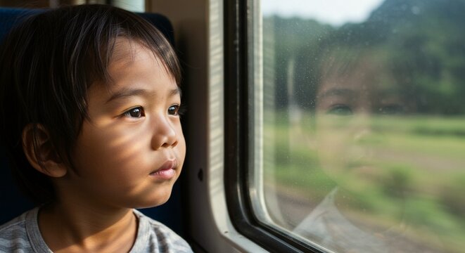 A young child sits on a train, gazing out the window with a thoughtful expression on their face as the scenery rushes by.