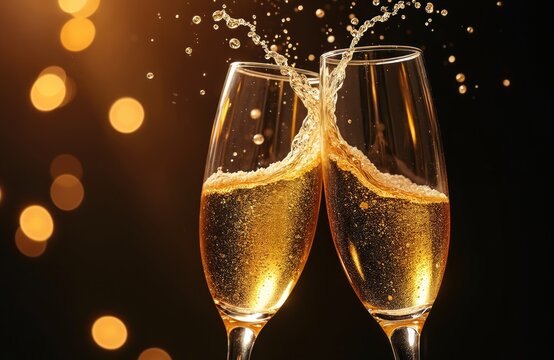 Elegant champagne glasses clinking together in celebratory toast. Sparkling golden bubbles rise in crystal flutes. Festive bokeh lights in background enhance glamorous, sophisticated atmosphere for - Powered by Adobe
