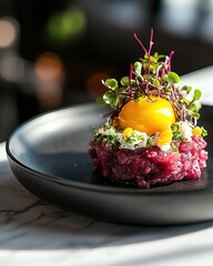 Gourmet Beetroot Tartare with Mango Yolk and Fresh Microgreens