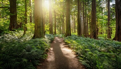 Obraz premium tranquil forest path with sunlight filtering through tall trees and green underbrush