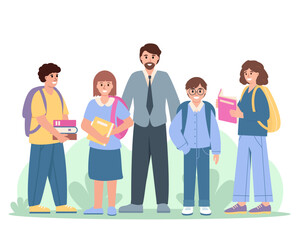 Fototapeta premium School Teacher and children group with books and bags. Smiling students, teens with schoolmaster. Back to school Vector illustration.