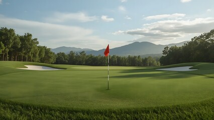 Obraz premium Red Flag on Vibrant Green Golf Course With Peaceful Natural Landscape Scene