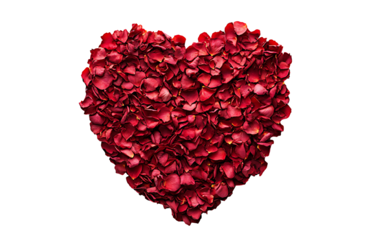 Red rose petals in heart shape isolated on a transparent background