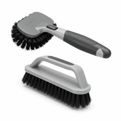 Two ergonomic cleaning brushes with stiff black bristles and gray handles, ideal for scrubbing surfaces, tiles, and household cleaning.