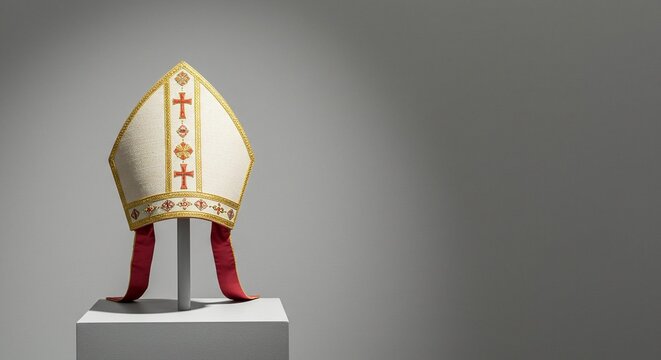 Elegant papal mitre on display, showcasing intricate gold embroidery and religious symbols against a neutral backdrop.