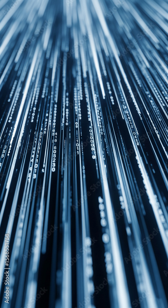 Poster abstract image of vertical light streaks with numbers, creating a dynamic digital data flow effect, 