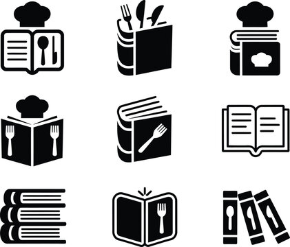 Collection of black and white icons representing cookbooks and culinary themes