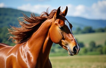 Fototapeta premium Woman riding a chestnut horse with flowing mane in open countryside under blue sky