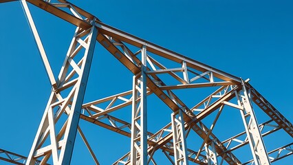 Industrial steel structure with geometric patterns, highlighting construction progress under clear skies.