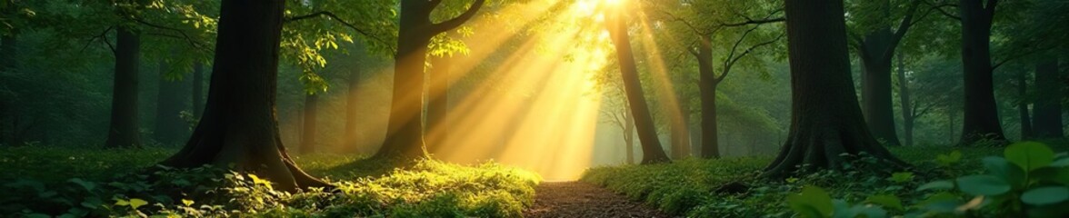 Magical Sunlight Dappled Forest Golden Rays Illuminate Spring Foliage, Creating an Ethereal Atmosphere