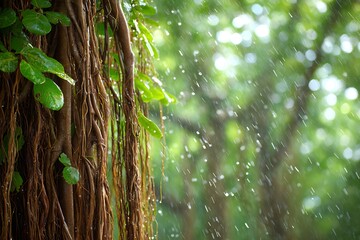 Close up of hanging aerial roots of a banyan tree with lush green leaves during a gentle rain shower