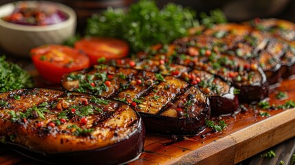 Grilled eggplant slices, seasoned, on wooden board with herbs, tomatoes, and sauce