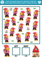 Fototapeta premium Dwarf logic game with left and right concept for kids. I spy searching, counting activity with cute gnome searching way to house. Magic forest printable space orientation worksheet, puzzle