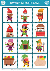 Fototapeta premium Vector memory game cards with cute dwarf, house, mine, cart with treasures. Woodland matching activity. Remember and find correct card. Simple printable worksheet for kids with gnomes