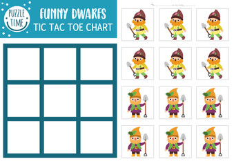 Fototapeta premium Vector fairytale tic tac toe chart with cute garden dwarfs. Fantasy board game playing field with fantasy character. Funny printable worksheet. Magic forest noughts and crosses grid with gnome