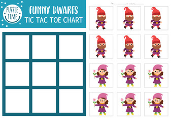 Fototapeta premium Vector fairytale tic tac toe chart with cute dwarfs. Fantasy board game playing field with fantasy character. Funny printable worksheet. Noughts and crosses grid with gnome boy and girl