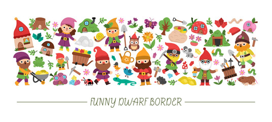 Vector horizontal frame with dwarf, forest animals, houses, fairytale creature. Magic garden or woodland card template design, banner. Cute fantasy border illustration with gnomes