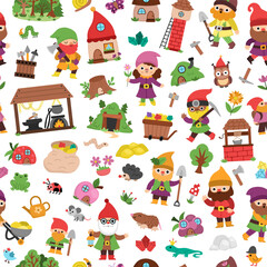 Vector dwarf seamless pattern. Cute gnome repeat background. Fairytale character digital paper. Magic creature texture with garden, mining, blacksmith, treasure, mine pit, houses, fantasy animal