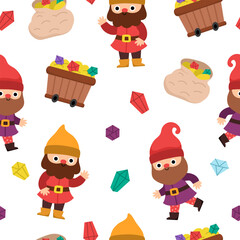 Fototapeta premium Vector dwarf seamless pattern. Cute gnome repeat background. Fairytale character digital paper. Magic creature texture with garden, mining concept, treasure, house, gems, flowers