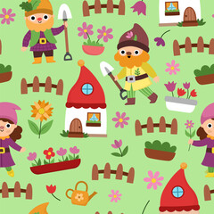 Fototapeta premium Vector garden dwarf seamless pattern. Cute gnome repeat background. Fairytale character digital paper. Magic creature texture with house, fence, flower bed, watering can