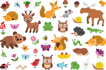 Fototapeta premium Vector woodland animal clipart set. Cute forest creature icons. Cartoon illustrations with birds, insects, fish, berry. Pack with bear, deer, fox, owl, frog, mole, hedgehog, butterfly, nest