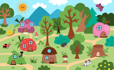 Vector horizontal forest landscape with little houses shaped as mushroom, berry, tree stump and cute animals and insects. Woodland scene or magic nature background with fantasy cozy cottage