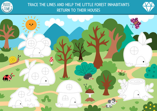 Vector handwriting practice worksheet with woodland background animals and fantasy cottages. Printable activity for preschool kids with cute homes. Fairyland fantasy trace houses game