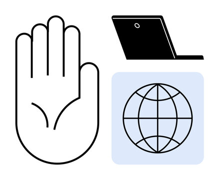 Outlined hand, laptop, and globe icon visually emphasizing online boundaries, global interaction, and technological influence. Ideal for communication, ethics, security, technology global impact