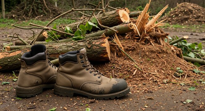Work boots positioned near freshly cut tree logs in forest clearing - Powered by Adobe